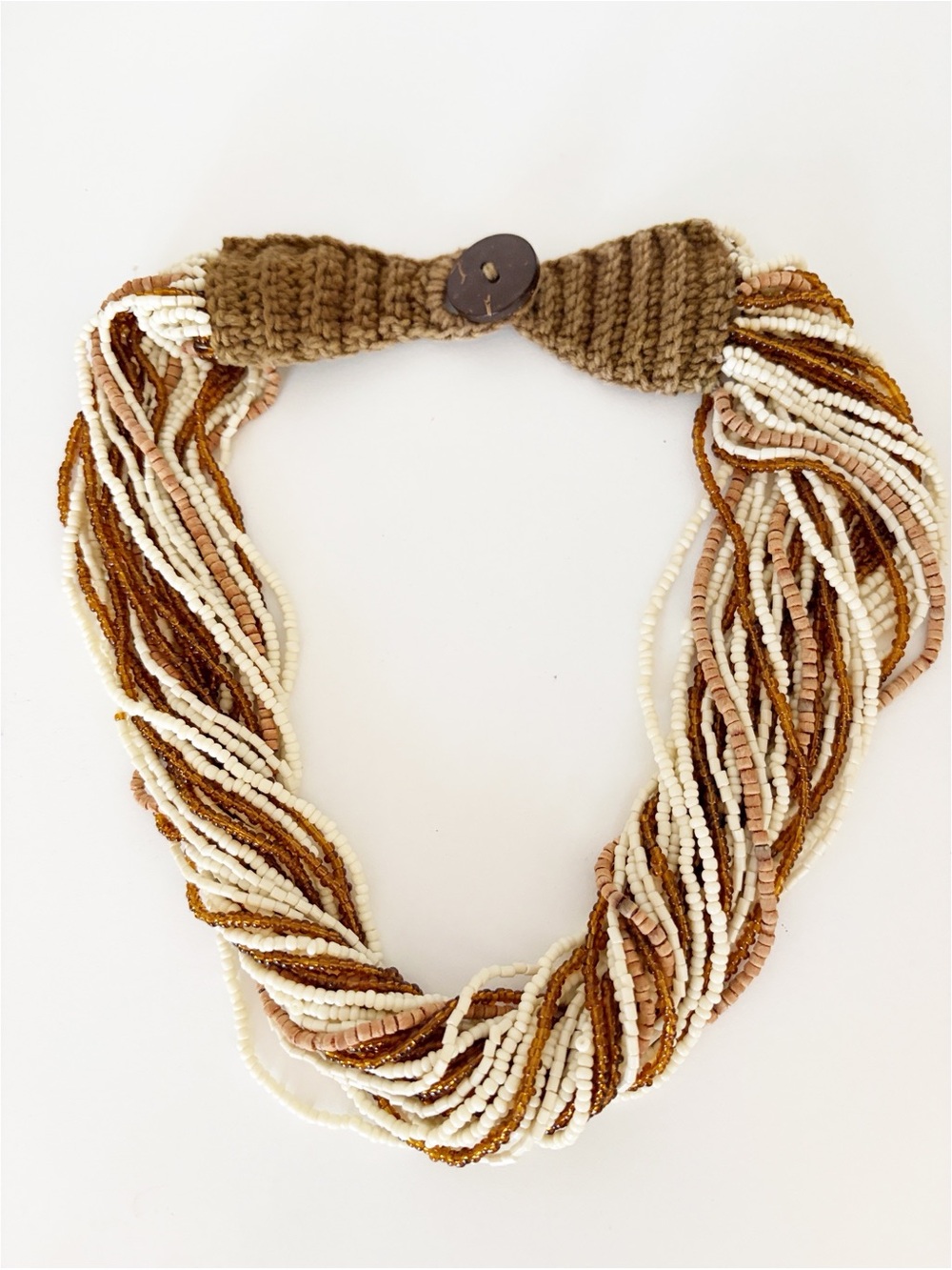 Vintage macrame accented multi stand beaded necklace